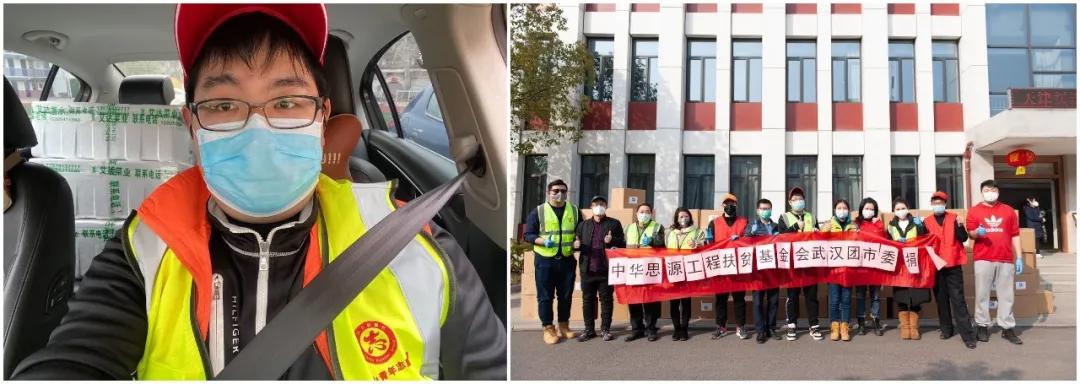 左圖：10輛轎車后座和后備箱堆滿了菜，出發(fā)送給社區(qū)；右圖：各位志愿者協(xié)助接收消毒防護物資